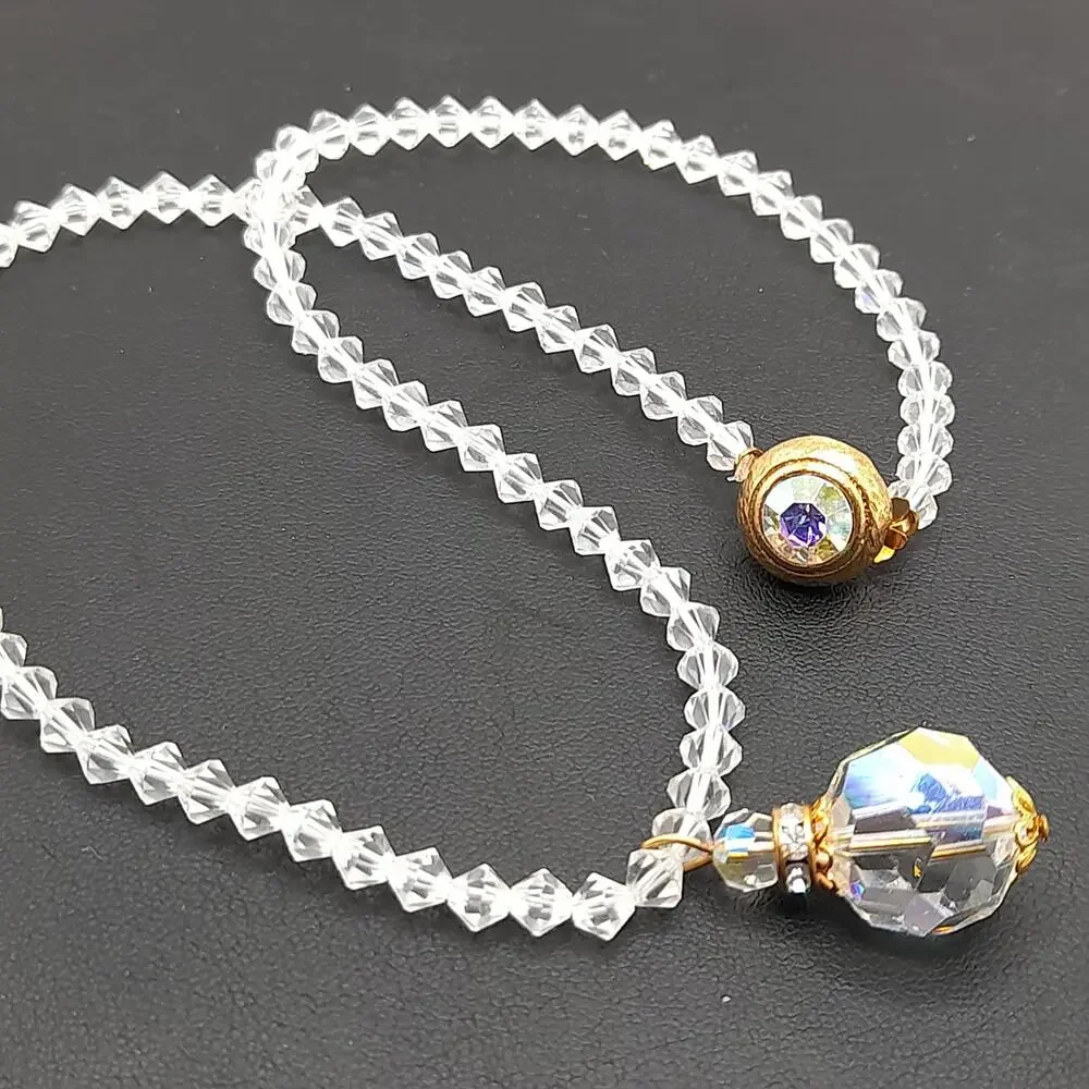 Vintage 1960s Crystal Faceted Pendant Necklace, AB Rhinestone Box Clasp, 17 Inch